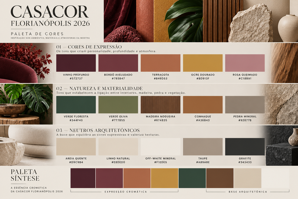 Paleta de cores CASACOR Floripa 2026 com vinho, terracota, ocre, verde e tons neutros